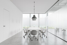 White Glass Office Meeting Room Interior With Table And Chairs, Panoramic Window
