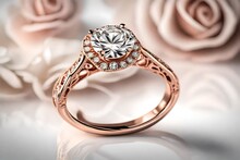 Close Up View, A Rose Gold Engagement Ring For A Touch Of Elegance. 