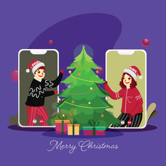 Canvas Print - Cheerful Kids Talking To Each Other On Video Call With Decorative Xmas Tree And Gift Boxes For Merry Christmas Celebration.