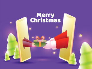 Canvas Print - Santa Claus Giving Gift Box To Person Through Smartphone With 3D Snowy Xmas Trees And Stars On Violet Background For Merry Christmas.