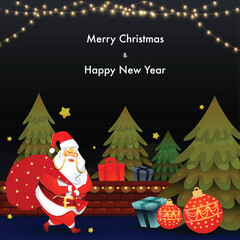 Canvas Print - Merry Christmas & Happy New Year Poster or Card Design with Xmas Trees, Gift Boxes, Baubles And Santa Claus Lifting A Heavy Bag On Black and Blue Background.