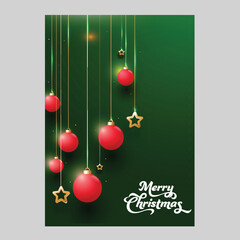 Sticker - Beautiful Merry Christmas Card or Template Design with Red Lighting Baubles and Golden Star Decorative Green Background.