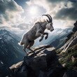 © mockupzord - A dynamic scene portraying a mountain goat leaping on the edge of a mountain peak with the sun overhead
