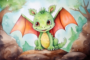 Dragon watercolor background. Cute adorable dragon card