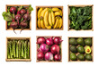 Vegetables and fruits in the wood box on background isolated, close up collection of organic fresh fruits and vegetables for healthy food, well being theme
