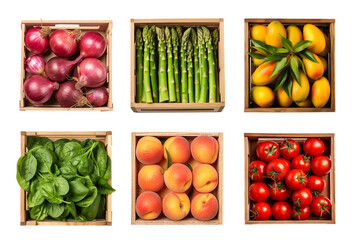 Vegetables and fruits in the wood box on background isolated, close up collection of organic fresh fruits and vegetables for healthy food, well being theme