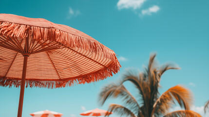 Wall Mural - Tropical Beachside with Vivid Orange Sunshade and Palm Tree. Banner with copy space. Generative AI