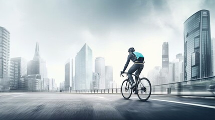 Canvas Print - a man riding a bicycle on a road with a city skyline in the background