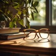 Vintage-inspired glasses lying on top of a hardcover book near a sunlit window, suggesting a quiet moment of reading