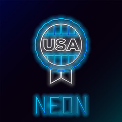 Poster - Glowing neon line Medal with star icon isolated on black background. Winner achievement sign. Award medal. Colorful outline concept. Vector