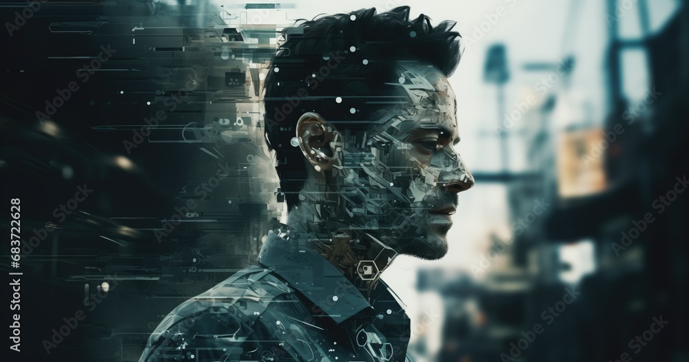 Futuristic man in hyper-realistic 3D rendering. Industrial elements and ...