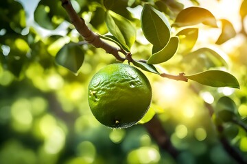 Close up view, fresh lime on tree in garden, sun light also present. 