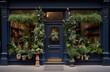Flower shop exterior with plants and nice decoration in the style of classic architecture