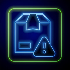 Sticker - Glowing neon Delivery security with shield icon isolated on blue background. Delivery insurance. Insured cardboard boxes beyond the shield. Vector