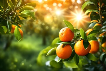 Close up view, fresh orange on tree in garden, sun light also present. 