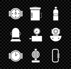 Sticker - Set Wind rose, Big flashlight for diver, Aqualung, Diving watch, Industry metallic pipes and valve, Carabiner, Buoy and Gauge scale icon. Vector