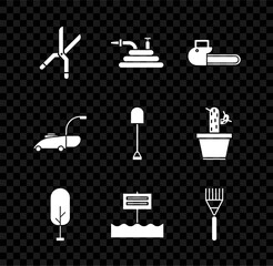 Wall Mural - Set Gardening handmade scissors, hose fire hose, Chainsaw, Tree, Blank wooden sign board, rake, Lawn mower and Shovel icon. Vector