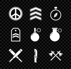 Sticker - Set Peace, Military rank, Compass, Crossed baseball bat, knife, medieval axes, Chevron and Hand grenade icon. Vector