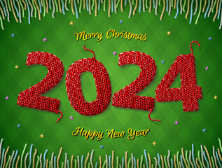 Wall Mural - New Year 2024 in shape of knitted fabric on checkered background. Christmas wishes surrounded by colored threads. Vector image for new years day, christmas, winter holiday, new years eve, silvester