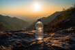 Drink water in water plastic bottle in mountains. Fresh water in plastic bottle in mountains. Mineral water in plastic bottle. Bottled Mineral.