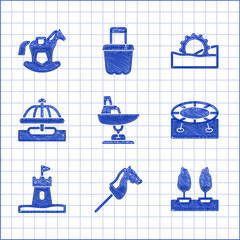 Poster - Set Swing boat, Toy horse, Forest, Jumping trampoline, Sand tower, Attraction carousel, Ferris wheel and Horse saddle swing icon. Vector