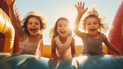 Happy group of kids on the inflatable bounce house on sunny summer day