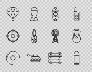 Poster - Set line Military helmet, Bullet, Detonate dynamite bomb stick and timer clock, tank, Parachute, dog tag, ammunition box and Kettlebell icon. Vector