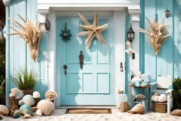 Wall Mural - A coastal front door with beachy colors and seashell decor. 