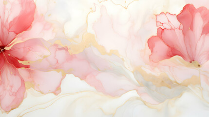 Abstract marbled ink liquid fluid watercolor painting texture banner illustration - Soft red pink petals, blossom flower flowers swirls gold painted lines, isolated on white background
