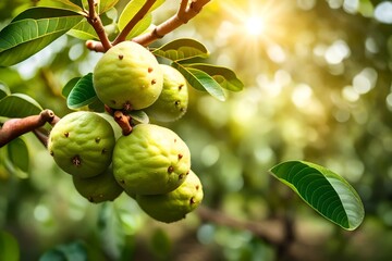 Wall Mural - Close up view, fresh guava on tree in garden, sun light also present. 