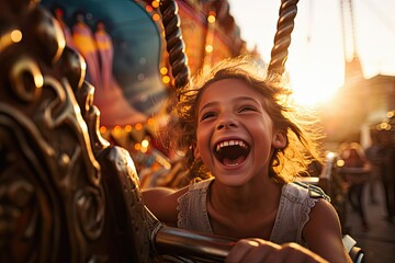 Wall Mural - Enthusiastic, grinning children 12 years old riding on carnival rides.