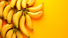 Banana Fruits On Orange, Yellow Background. Fresh Organic Banana Exotic Fruit Backdrop Pattern, Top View. Generative Ai.