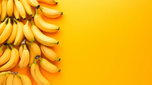 Banana Fruits On Orange, Yellow Background. Fresh Organic Banana Exotic Fruit Backdrop Pattern, Top View. Generative Ai.