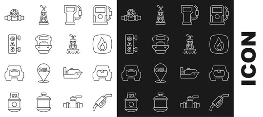 Poster - Set line Gasoline pump nozzle, tank for vehicle, Fire flame, Petrol gas station, Oil tanker ship, filling, Metallic pipes and valve and rig icon. Vector