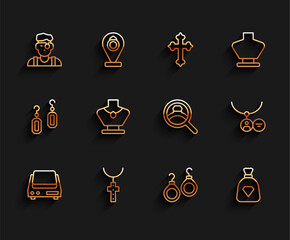 Sticker - Set line Electronic jewelry scales, Christian cross chain, Jeweler man, Earrings, Bag with gems, Necklace mannequin, Locket necklace and Diamond engagement icon. Vector