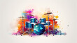World music day banner with drum set on abstract colorful