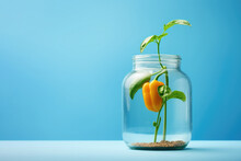 Small Bell Pepper Growing Inside The Jar. AI Generative Art 
