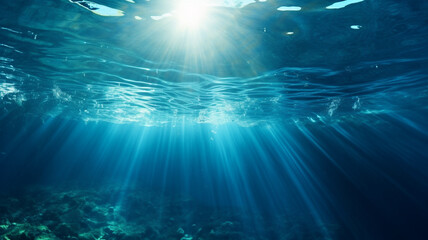 Wall Mural - Beautiful blue ocean background with sunlight and undersea scene