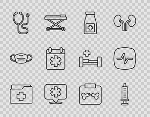 Sticker - Set line Patient record, Syringe, Medicine bottle and pills, Location hospital, Stethoscope, Doctor appointment, X-ray shots with broken bone and Heart rate icon. Vector