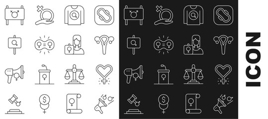 Sticker - Set line Feminist activist, Feminism, Female reproductive system, shirt, Gender equality, and icon. Vector