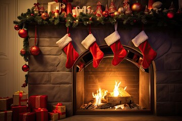 Wall Mural - Christmas stockings for gifts hang on a burning fireplace in a cozy room decorated for the New Year celebration.