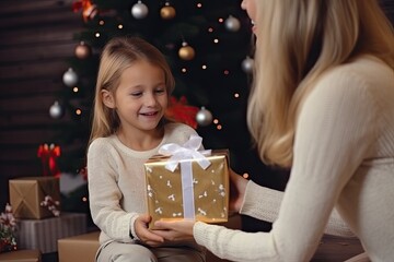 Girl child and his mother are holding a large gift box on the background of a Christmas tree. New Year's surprise.