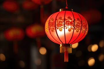 A red traditional Chinese New Year lantern decorated with hieroglyphs hangs from the ceiling in a cozy interior.