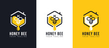 Honey Bee House Logo Design, Set Of Honey Bee House With Hexagonal Honeycomb And Honey Drop Design Concept. Modern And Minimalist Flat Logo Vector Illustration.