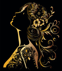  Woman Silhouette, Floral Design Vector Illustration, for Fashion, Beauty, Luxury, showcasing a woman’s silhouette adorned with intricate floral designs in gold, set against a sleek black background