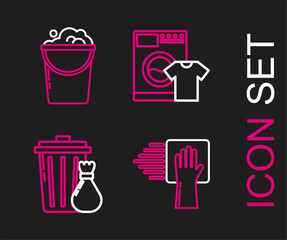 Poster - Set line Cleaning service, Trash can and garbage bag, Washer t-shirt and Bucket with foam bubbles icon. Vector