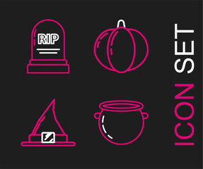 Sticker - Set line Halloween witch cauldron, Witch hat, Pumpkin and Tombstone with RIP icon. Vector