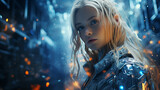 Fototapeta  - Ethereal Woman in Sci-fi Ambiance, woman stands enveloped in a sci-fi ambiance, her contemplative gaze accentuating the ethereal mood amidst digital sparks.