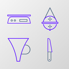 Poster - Set line Knife, Funnel or filter, Ball tea strainer and Electronic scales icon. Vector