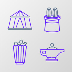 Sticker - Set line Magic lamp or Aladdin, Popcorn box, Magician hat and rabbit ears and Circus tent icon. Vector